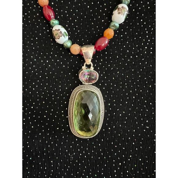 22” Cloisonne Necklace w/Sterling Amethyst and Topaz Medallion, Pearls and Beads - Picture 3 of 5